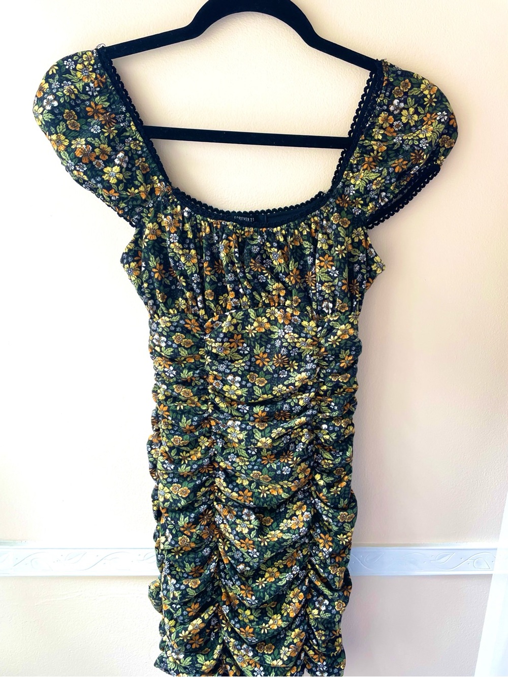 Forever 21 Black Floral Ruched Mini Dress with Yellow Accents